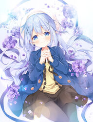  black_pantyhose black_ribbon black_skirt blue_coat blue_eyes blush closed_mouth coat commentary_request female gochuumon_wa_usagi_desu_ka? grey_hair hair_between_eyes hair_ornament highres kafuu_chino long_hair long_sleeves looking_at_viewer lying miniskirt mocha_(naturefour) neck_ribbon on_back own_hands_clasped own_hands_together pantyhose ribbon skirt smile solo sweater twintails very_long_hair x_hair_ornament yellow_sweater 