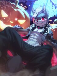  2021 abs absurd_res adolescent anthro athletic athletic_male band-aid bandage canid canine clothed clothing collar ear_piercing food fruit hald_(manadezimon) halloween hi_res holidays kemono male mammal manadezimon muscular muscular_anthro muscular_male muscular_young open_clothing open_topwear open_vest pecs piercing plant pumpkin scar solo spiked_collar spikes topwear vest young young_anthro 