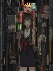  alley animal_ears bell black_nails blue_eyes brown_hair cat_ears cat_girl commentary_request cowboy_shot eveyeil eyes_visible_through_hair female fence heterochromia highres industrial_pipe jacket jingle_bell long_hair looking_at_viewer no_smoking original outdoors parted_lips red_eyes red_ribbon ribbon school_uniform serafuku sign solo standing 