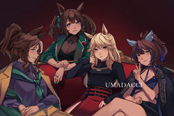  4girls alternate_costume animal_ears aqua_eyes aqua_nails belt blonde_hair blue_hair bow brown_hair chains coat collarbone commentary couch daitaku_helios_(umamusume) ear_bow ear_covers ear_ornament english_commentary floral_print fuyukayui gold_chain gold_city_(umamusume) gold_trim green_eyes green_jacket green_neckerchief hair_ribbon halterneck high_ponytail highres horse_ears horse_girl horse_tail horseshoe_ornament jacket jacket_on_shoulders jewelry long_hair looking_at_viewer mejiro_palmer_(umamusume) midriff multicolored_hair multiple_belts multiple_girls navel neckerchief pleated_skirt purple_eyes purple_shirt red_background ribbon ring rose_print see-through shirt skirt streaked_hair tail tosen_jordan_(umamusume) trait_connection twintails two-tone_hair umamusume umapyoi_(phrase) v white_hair yellow_eyes 