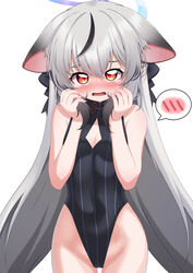  :o animal_ear_fluff animal_ears black_leotard blue_archive bow breasts cleavage cleavage_cutout clothing_cutout commentary_request female gradient_hair grey_hair hair_between_eyes hair_ribbon hairbow highleg highleg_leotard highres kido_airaku kokona_(blue_archive) leotard long_hair looking_at_viewer low_twintails multicolored_hair red_eyes ribbon sidelocks simple_background sleeveless solo spoken_blush streaked_hair tiger_ears tiger_girl twintails two-tone_hair 