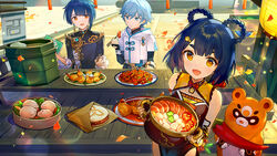  2boys :d adeptus&#039;_temptation_(genshin_impact) ainy animal bare_shoulders bear black_dress black_gloves black_jacket blue_eyes blue_hair bodysuit bodysuit_under_clothes book bowl braid breasts chili_pepper china_dress chinese_clothes chongyun_(genshin_impact) chopsticks closed_mouth commentary_request cropped_jacket crystal_shrimp_(genshin_impact) day dress earrings eating female fingerless_gloves food from_above frown gem genshin_impact gloves golden_shrimp_balls_(genshin_impact) guoba_(genshin_impact) hair_ornament hairclip holding holding_book holding_bowl holding_chopsticks holding_food hood hood_down jacket jewelry lantern long_sleeves looking_at_another looking_at_viewer meat medium_hair mora_meat_(genshin_impact) multiple_boys open_mouth orange_eyes outdoors paper_lantern photoshop_(medium) plate short_hair short_sleeves single_earring sitting small_breasts smile squirrel_fish_(genshin_impact) standing stir-fried_filet_(genshin_impact) turtleneck vegetable white_jacket xiangling_(genshin_impact) xingqiu_(genshin_impact) yellow_dress 