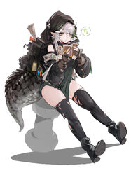  absurdres arknights black_footwear black_thighhighs book boots chinese_commentary commentary_request crocodile_girl crocodilian_tail female full_body gloves grey_gloves hands_up highres holding holding_book hood jumbowhopper korean_commentary large_tail long_hair long_sleeves mixed-language_commentary photoshop_(medium) pointy_ears simple_background sitting solo tail thighhighs thighs tomimi_(arknights) white_background white_hair yellow_eyes 