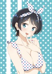  :d bare_arms bare_shoulders bikini black_hair blue_eyes blush breasts collarbone commentary_request female hairband kanojo_okarishimasu large_breasts long_hair looking_at_viewer nakamura_kou open_mouth polka_dot polka_dot_background polka_dot_bikini polka_dot_hairband sarashina_ruka short_hair smile solo swept_bangs swimsuit upper_body v white_bikini white_hairband 