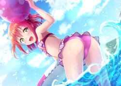  arm_up arms_up ass b.ren ball bare_arms bare_shoulders beachball bikini bikini_skirt bird blue_sky blush bow_print breasts cameltoe cloud day female flower green_eyes hair_flower hair_ornament highres holding holding_ball innertube kurosawa_ruby looking_at_viewer looking_back love_live! love_live!_sunshine!! medium_hair open_mouth outdoors pink_bikini pink_flower red_hair seagull see-through sky sleeveless small_breasts smile solo splashing striped_bikini striped_clothes sunlight swim_ring swimsuit teeth twintails upper_teeth_only wading water wet 