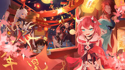  6+girls :d absurdres animal_ears architecture back bare_shoulders bengjieshi_(10442031) blue_eyes blue_hair book_of_fuxi braid chinese_clothes chinese_new_year east_asian_architecture fox_ears fox_mask full_moon hair_ornament happy_new_year highres higokumaru holding holding_sword holding_weapon honkai_(series) honkai_impact_3rd horns hug hug_from_behind jingwei&#039;s_wings katana kiana_kaslana kiana_kaslana_(knight_moonbeam) lantern liliya_olenyeva long_hair looking_at_viewer mask moon multiple_girls murata_himeko new_year night night_sky ninja one_eye_closed open_mouth red_hair rozaliya_olenyeva siblings single_horn sky sleeveless smile sword twin_braids twins weapon white_hair yae_kasumi yae_sakura yellow_eyes 