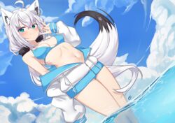  absurdres ahoge animal_ear_fluff animal_ears bikini blue_bikini blue_eyes blush breasts closed_mouth cloud crossed_bangs day dutch_angle ear_piercing feet_out_of_frame female fox_ears fox_girl fox_tail hair_between_eyes hand_up highres hololive ivan_wang jacket long_hair long_sleeves looking_at_viewer medium_breasts navel official_alternate_costume open_clothes open_jacket outdoors partially_unzipped piercing puffy_long_sleeves puffy_sleeves shirakami_fubuki shirakami_fubuki_(hololive_summer_2019) solo swimsuit tail very_long_hair virtual_youtuber wading water white_hair white_jacket 