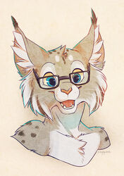  2013 anthro blue_eyes bust_portrait cheek_tuft chest_tuft countershading ear_tuft eyewear facial_tuft fangs felid feline fluffy fur glasses grey_body grey_fur head_tuft inner_ear_fluff lynx male mammal open_mouth open_smile pink_nose portrait seylyn signature simple_background smile solo spots synx_(synxthelynx) tan_background teeth tongue tuft whiskers white_body white_fur 