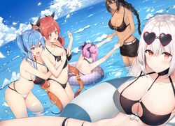  5girls :d ahoge azur_lane bad_id bad_pixiv_id bare_shoulders between_breasts bikini bikini_top_only black_bikini black_choker black_hair black_ribbon black_shorts blue_hair blue_sky blush braid braided_ponytail breasts chinese_commentary choker cleavage clothing_cutout cloud collarbone commentary_request cowboy_shot dark-skinned_female dark_skin day double_bun dutch_angle eyewear_on_head gemini_(feng) grabbing grabbing_another&#039;s_breast grabbing_from_behind gradient_hair hair_between_eyes hair_bun hair_ribbon halterneck heart heart-shaped_eyewear holding_hands honolulu_(azur_lane) honolulu_(summer_accident?!)_(azur_lane) innertube la_galissonniere_(azur_lane) la_galissonniere_(pristine_piscene)_(azur_lane) large_breasts leaning_forward long_hair looking_at_another looking_at_viewer midriff mismatched_bikini multicolored_hair multiple_girls navel o-ring o-ring_top ocean official_alternate_costume open_mouth outdoors purple_eyes red_eyes red_hair ribbon see-through short_hair short_shorts shorts side_ponytail sidelocks sirius_(azur_lane) sirius_(scorching-hot_seirios)_(azur_lane) skindentation sky smile south_dakota_(azur_lane) st._louis_(azur_lane) standing strap_between_breasts sunglasses swim_ring swimsuit teeth thigh_strap twintails underboob underboob_cutout upper_teeth_only very_long_hair wading water_drop wet white_bikini white_hair yellow_eyes yuri 