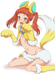  aikatsu!_(series) aikatsu_stars! animal_costume animal_ears animal_hands aqua_eyes bad_id bad_pixiv_id bell blouse blue_bow blunt_bangs blush boots bow bowtie breasts embarrassed fake_animal_ears fake_tail female fox_costume fox_ears fox_tail frilled_shirt frills fur-trimmed_footwear fur-trimmed_gloves fur_trim gloves groin knee_boots kumahubuki long_hair looking_at_viewer midriff navel neck_bell no_bra nose_blush oerba_yun_fang open_mouth orange_hair paw_gloves paw_pose saotome_ako shadow shiny_skin shirt simple_background sitting sleeveless sleeveless_shirt small_breasts solo stomach tail twintails underboob v-shaped_eyebrows wariza white_background wool_shorts yellow_footwear yellow_shirt 