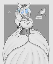  2019 5:6 alternative_fashion avian big_breasts bird blue_eyes breasts canid canine canis classic_lolita cleavage clothed clothing collar corset corset_dress dress duo english_text fangs female glowing glowing_eyes gown hi_res j-fashion kasaler lingerie lolita_(fashion) malo mammal monster scp-1471 scp-1471-a scp_foundation sharp_teeth sign teeth text topwear wolf 