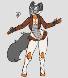  anthro armor canid canine closed_eyes clothing digital_media_(artwork) female feretta fox fur grey_body grey_fur headgear helmet hi_res jacket mammal red_fox simple_background solo space_vixen spacesuit tale_of_tails topwear true_fox vixavil_hayden webtoon 