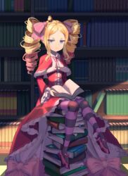  absurdres beatrice_(re:zero) blonde_hair blue_eyes book bookshelf bow butterfly-shaped_pupils capelet closed_mouth commentary crown drill_hair female full_body fur-trimmed_capelet fur_trim hairbow highres jitome long_hair long_sleeves looking_at_viewer mini_crown open_book pantyhose parted_bangs pink_bow pink_hair progameer789 re:zero_kara_hajimeru_isekai_seikatsu red_capelet sidelocks sitting solo striped_clothes striped_pantyhose symbol-shaped_pupils twin_drills twintails very_long_hair 