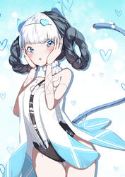  absurdres animal_ears bambinata:_vitrum_(punishing:_gray_raven) bambinata_(punishing:_gray_raven) bare_legs black_hair blue_eyes blunt_bangs blush braid braided_hair_rings cat_ears cat_tail collar detached_collar doll_joints fake_animal_ears fake_tail female frilled_collar frills hair_ornament hands_on_own_cheeks hands_on_own_face heart heart-shaped_pupils heart_hair_ornament highres joints mechanical_arms mechanical_parts multicolored_hair open_mouth punishing:_gray_raven solo symbol-shaped_pupils tail takashi_san twin_braids two-tone_hair white_hair 