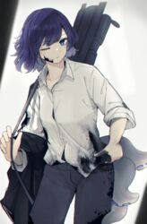  absurdres adjusting_shirt andreana_(arknights) arknights black_pants blue_eyes carrying collared_shirt cowboy_shot dirty dirty_clothes dirty_face female highres ink looking_at_viewer one_eye_closed pants purple_hair sasahara_(shou_goi) shirt short_hair shoulder_strap simple_background sleeves_past_elbows sleeves_rolled_up solo tentacle white_background white_shirt 