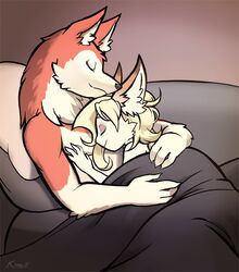  anthro bed blake_(saltedcaramelfox) blanche canid canine canis closed_eyes domestic_dog duo fox furniture hair hug husky kittellox_(artist) lying mammal nordic_sled_dog simple_background sleeping spitz 