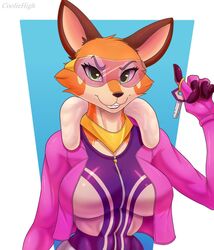  2019 anthro bodysuit breasts canid canine clothing cooliehigh eyewear female fox glue_studios goggles hi_res jacket jewelry key looking_at_viewer mammal meika_(rimba_racer) necklace rimba_racer signature skinsuit smile smirk solo tight_clothing topwear 