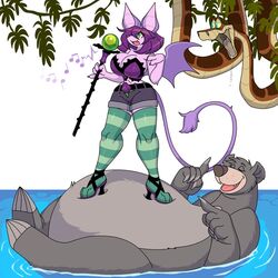  anthro baloo bat bat_wings bear belly big_belly big_breasts big_ears bodily_fluids breasts claws cleavage closed_eyes clothed clothed/nude clothed_female clothing colored disney drooling fangs female feral floating_on_water fukkusu fur grey_body grey_fur group hair hypnofood kaa_(jungle_book) male mammal membrane_(anatomy) membranous_wings nude open_mouth partially_submerged purple_hair reptile saliva scalie shaded simple_background singing snake staff standing_on_belly tail teeth the_jungle_book trio water white_background wings yellow_sclera 