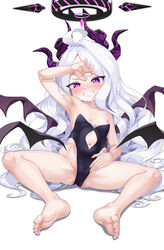  :d ahoge alternate_costume armpits ass bare_shoulders barefoot black_leotard blue_archive breasts cleavage collarbone commentary_request demon_girl demon_horns demon_wings feet female forehead grin groin halo hand_on_own_forehead hand_up highleg highleg_leotard highres hina_(blue_archive) horns indian_style kido_airaku legs leotard long_hair looking_at_viewer midriff navel parted_bangs purple_eyes sidelocks simple_background sitting smile soles solo strapless strapless_leotard toenails toes wavy_hair white_hair wings 