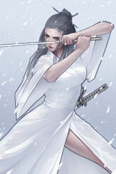  absurdres black_eyes breasts breath english_commentary female fighting_stance grey_hair hair_ornament hair_stick highres holding holding_sword holding_weapon japanese_clothes jee-hyung_lee katana kimono long_hair looking_to_the_side medium_breasts original sheath sheathed snowing solo sword weapon white_kimono 