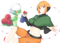  belt black_belt black_hair breasts closed_mouth commentary crop_top cropped_shirt female gardenia_(pokemon) highres holding holding_poke_ball midriff multicolored_hair navel orange_eyes orange_hair petals poke_ball poke_ball_(basic) pokemon pokemon_(creature) pokemon_dppt poncho preste roserade short_hair shorts smile two-tone_hair w_arms 