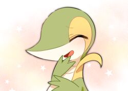  2019 abstract_background ambiguous_gender blush closed_eyes daww feral generation_5_pokemon hi_res nintendo norenuko open_mouth pokemon pokemon_(species) reptile scalie smile snake snivy solo tongue 