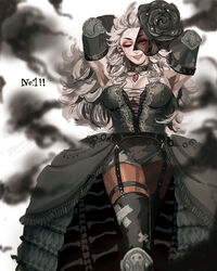  abs bare_shoulders bouquet breasts bridal_veil bride dorohedoro dress earrings elbow_gloves female flower formal gloves hair_ornament jewelry kaitennsiki large_breasts long_hair looking_at_viewer muscular muscular_female noi_(dorohedoro) red_eyes simple_background smile solo veil wedding_dress white_dress white_hair 