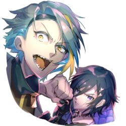  2boys asagiri0700 black_hair black_hairband black_jacket black_nails blonde_hair clenched_hand ear_piercing grey_hair hair_behind_ear hair_ornament hairband hairclip holostars indie_virtual_youtuber jacket kanade_izuru male_focus mole mole_under_eye multicolored_hair multiple_boys open_mouth piercing purple_eyes sharp_teeth streaked_hair teeth transparent_background utai_meika v-shaped_eyebrows virtual_youtuber yellow_eyes 