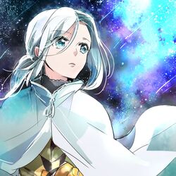  1boy arslan arslan_senki blue_eyes cape commentary_request floating_hair hair_between_eyes long_hair looking_afar male_focus parted_lips partial_commentary ponytail shumiko_(kamenokoueki) sky solo star_(sky) starry_sky upper_body white_cape white_hair 