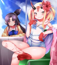  2girls bare_shoulders bikini black_hair blonde_hair blue_bikini blue_eyes blue_sky blush breasts buta_(uhoiiotoko) chair closed_mouth cloud commentary_request cup day facial_mark fate/grand_order fate_(series) feet flower foot_out_of_frame forehead_mark grin hair_between_eyes hair_bun hairband hibiscus holding holding_cup horns ibaraki_douji_(fate) ibaraki_douji_(swimsuit_lancer)_(fate) ibaraki_douji_(swimsuit_lancer)_(second_ascension)_(fate) japanese_clothes kimono leg_up long_hair looking_at_viewer medium_breasts multicolored_hair multiple_girls oerba_yun_fang one-piece_swimsuit oni_horns outdoors parted_bangs pink_hair pink_kimono pointy_ears shiny_skin shirt sidelocks single_hair_bun sitting sky small_breasts smile soles sunlight swimsuit tattoo two-tone_hair upper_body ushiwakamaru_(fate) ushiwakamaru_(swimsuit_assassin)_(fate) ushiwakamaru_(swimsuit_assassin)_(first_ascension)_(fate) very_long_hair white_one-piece_swimsuit yellow_eyes yellow_shirt 