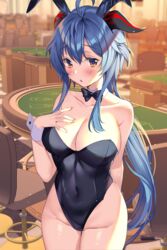  :o ahoge aile_(crossroads) alternate_costume animal_ears black_bow black_bowtie black_leotard blackjack_table blue_hair blush bow bowtie breasts casino chair cleavage collarbone covered_navel detached_collar female ganyu_(genshin_impact) genshin_impact goat_horns groin hand_on_own_chest highleg highleg_leotard highres horns large_breasts leotard light_particles long_hair looking_at_viewer no_legwear orange_eyes parted_lips playboy_bunny rabbit_ears sidelocks solo table wrist_cuffs 