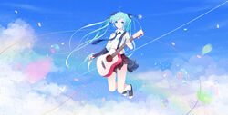  aqua_hair bird black_skirt blue_eyes bubble chinese_commentary cloud commentary female guitar hair_ribbon hatsune_miku highres instrument long_hair music necktie petals photoshop_(medium) playing_instrument ribbon sanaa shirt shoes skirt sleeveless sleeveless_shirt sneakers solo strap twintails vocaloid white_shirt 