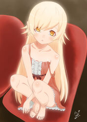  arms_behind_back bare_shoulders barefoot blonde_hair chair dress female flat_chest huumoon kiss-shot_acerola-orion_heart-under-blade kizumonogatari long_hair looking_at_viewer monogatari_(series) orange_eyes oshino_shinobu parted_lips pink_dress pointy_ears see-through shoulder_blush sleeveless sleeveless_dress solo spaghetti_strap squatting strap_slip yellow_eyes 