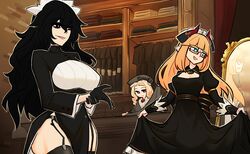  3girls absurdres alternate_costume black_dress black_eyes black_hair blonde_hair blue_eyes breasts centurii-chan_(artist) cleavage cleavage_cutout clothing_cutout dress executioner_maid_(centuriic) flareze_(porforever) garter_belt glasses gloves hat highres horns long_hair maid_headdress mirror modiste_(porforever) multiple_girls no_mask open_mouth original pointy_ears purple_eyes smile thighhighs 