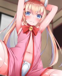  animal_ear_fluff animal_ears armpits arms_up bell blonde_hair blue_eyes blush bow bowtie breasts buta_(uhoiiotoko) closed_mouth commentary_request cowboy_shot female fox_ears fundoshi hair_ornament hairclip highres indoors japanese_clothes jingle_bell kemomimi_oukoku_kokuei_housou long_hair looking_at_viewer mikoko_(kemomimi_oukoku_kokuei_housou) navel red_bow red_bowtie shiny_skin small_breasts solo thighhighs twintails virtual_youtuber wavy_mouth white_thighhighs 