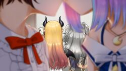  4girls arm_behind_back black_shirt blonde_hair blue_dress blurry blurry_foreground bow bowtie cellphone commentary_request crescent crescent_necklace demon_girl demon_horns demon_wings depth_of_field dress from_behind gradient_hair grey_hair hand_up highres himemori_luna himemori_luna_(sundress) holding holding_phone hololive horns implied_kiss jewelry long_hair multicolored_hair multiple_girls necklace official_alternate_costume oozora_subaru oozora_subaru_(casual) phone pointy_ears red_bow red_hair shirt shishiro_botan smartphone subachocolunatan_(hololive) taking_picture virtual_youtuber white_shirt wings yamasan_ossan yuri yuzuki_choco yuzuki_choco_(1st_costume) 