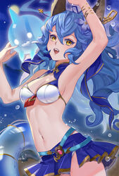  :d animal_ears arm_up armpits bikini blue_background blue_hair blue_ribbon blue_skirt breasts chains cleavage collarbone erune female ferry_(granblue_fantasy) ferry_(summer)_(granblue_fantasy) floating_hair granblue_fantasy hair_ribbon highres innertube long_hair looking_at_viewer medium_breasts miniskirt navel nicola_(granblue_fantasy) oerba_yun_fang official_alternate_costume open_mouth pleated_skirt ribbon shiny_skin side_slit skirt smile solo standing swim_ring swimsuit tekki_(tki) white_bikini yellow_eyes 