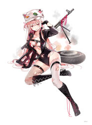  animal_hat arm_support black_gloves black_leotard blush boots breasts buttons cat_hat cleavage collarbone cross-laced_footwear dsmile female fishnet_thighhighs fishnets full_body girls&#039;_frontline gloves gun hat highres knee_boots lace-up_boots leotard lips long_hair long_sleeves machine_gun medium_breasts official_alternate_costume official_art page_number shiny_clothes shiny_skin simple_background sitting solo thighhighs tongue tongue_out torn_clothes torn_thighhighs ukm-2000 ukm-2000_(breakneck_whirlwind)_(girls&#039;_frontline) ukm-2000_(girls&#039;_frontline) weapon wheel white_background white_thighhighs zipper zipper_pull_tab 