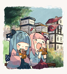  2girls back_bow blue_hair blue_kimono blunt_bangs blush bow building bush chibi closed_eyes commentary day eating feet_out_of_frame food green_skirt hairbow highres holding holding_food japanese_clothes kimono kotonoha_akane kotonoha_aoi long_hair long_sleeves multiple_girls on_bench open_mouth outdoors oyasumi_makura pink_hair pink_kimono red_bow red_skirt siblings sisters sitting skirt striped striped_bow upper_body voiceroid wide_sleeves 