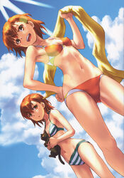  2girls absurdres animal armpits ass_visible_through_thighs bare_arms bare_shoulders bikini black_cat blue_sky blush breasts brown_eyes brown_hair cleavage cloud cloudy_sky collarbone day dutch_angle eyebrows feline groin hand_on_own_hip highres holding holding_animal holding_cat legs_apart lens_flare looking_at_another looking_to_the_side medium_hair misaka_imouto misaka_imouto_10032 misaka_imouto_10032&#039;s_cat misaka_mikoto multiple_girls navel open_mouth outdoors paint.net_(medium) raika9 red_bikini scan siblings sisters sky small_breasts smile standing stomach string_bikini striped_bikini striped_clothes summer sun sunlight swimsuit thighs toaru_kagaku_no_railgun toaru_majutsu_no_index towel 