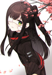  absurdres bad_id bad_pixiv_id bandaid bandaid_on_face black_gloves black_hair black_legwear blush cherry_blossoms chromatic_aberration commentary_request eyepatch female gloves green_eyes hair_between_eyes hair_ribbon highres library_of_ruina long_hair long_sleeves looking_at_viewer michael_1987 pantyhose parted_lips petals pleated_skirt ponytail project_moon red_ribbon ribbon sidelocks simple_background skirt solo_focus tenma_(project_moon) white_background zipper_pull_tab 