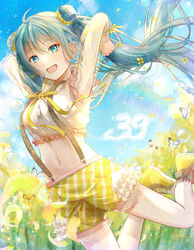  39 :d absurdres ahoge blue_eyes blue_hair blue_sky bug butterfly cloud commentary crop_top day double_bun dress_shirt female floating_hair flower hair_between_eyes hair_bun hair_flower hair_ornament hatsune_miku highres jumping kotoha_shiki long_hair long_sleeves midriff navel neck_ribbon open_mouth outdoors plaid plaid_shorts rapeseed_blossoms ribbon see-through shirt short_shorts shorts sky smile solo stomach sunflower suspender_shorts suspenders twintails very_long_hair vocaloid white_shirt yellow_flower yellow_footwear yellow_ribbon yellow_shorts 