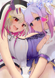  2girls bad_id bad_twitter_id blush breast_press breasts heart highres horns huge_breasts inactive_account indie_virtual_youtuber midriff multiple_girls otoha_rilly pink_hair purple_eyes red_eyes satou_daiji sideboob sweat symmetrical_docking tsuzura_amo virtual_youtuber white_hair yuri 