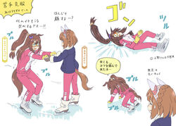  2girls alternate_costume animal_ears black_hair brown_hair closed_eyes el_condor_pasa_(umamusume) falling horse_ears horse_girl horse_tail ice_skates long_hair mask multiple_girls pants short_hair skates sportswear tail tohokuben translation_request ugai_yuichi umamusume white_background yukino_bijin_(umamusume) 