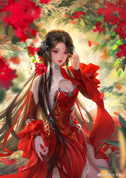  absurdres backlighting blue_eyes brown_hair cleavage_cutout clothing_cutout detached_sleeves dress facial_mark falling_petals female flower forehead_mark hair_ornament hair_rings hand_in_own_hair highres holding holding_petal huo_linger_(wanmei_shijie) long_hair looking_at_viewer niannian_nuli_zhong parted_lips petals red_dress red_flower second-party_source solo teeth two-tone_dress upper_body wanmei_shijie 