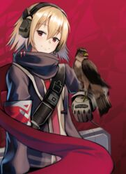  bird bird_on_hand blonde_hair closed_mouth feet_out_of_frame female girls&#039;_frontline headphones highres jacket lodbyy looking_at_viewer medium_hair purple_jacket red_background red_eyes red_scarf scarf scw_(girls&#039;_frontline) smile solo standing weapon_case 