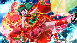  :d ahoge ankle_bell ankle_wrap anklet bad_link bracelet brown_eyes detached_sleeves female game_cg geta green_hair hair_ornament japanese_clothes jewelry kimono kimono_skirt long_sleeves macross macross_frontier official_art oosanshouuo-san open_mouth ranka_lee sandals short_hair short_kimono sleeveless sleeveless_kimono smile solo sparkle uta_macross_sumaho_deculture wide_sleeves 