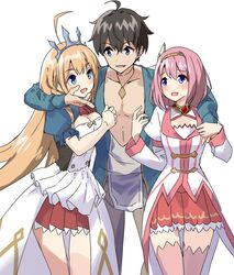  1boy 2girls ahoge arm_around_neck arm_on_another&#039;s_shoulder ascot blue_eyes blush breasts brown_hair cleavage cleavage_cutout clothing_cutout collarbone commentary hair_between_eyes hairband hand_grab hand_on_another&#039;s_chin hand_on_another&#039;s_face jewelry long_hair looking_at_another multiple_girls necklace nipple_stimulation nipple_tweak no_nose open_clothes open_mouth open_shirt orange_hair parody pecorine_(princess_connect!) pink_hair pleated_skirt princess_connect! puffy_short_sleeves puffy_sleeves red_skirt short_hair short_sleeves skirt straight tenrai thighhighs tiara v-shaped_eyebrows waist_cape white_background yui_(princess_connect!) yuuki_(princess_connect!) 