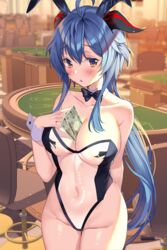  :o ahoge aile_(crossroads) alternate_costume animal_ears banknote between_breasts black_bow black_bowtie blackjack_table blue_hair blush bow bowtie breasts casino chair cleavage collarbone covered_navel detached_collar female ganyu_(genshin_impact) genshin_impact goat_horns groin hand_on_own_chest highleg highleg_leotard highres horns large_breasts leotard light_particles long_hair looking_at_viewer meme_attire money no_legwear orange_eyes parted_lips playboy_bunny rabbit_ears see-through see-through_leotard sidelocks solo table translucent_bunnysuit wrist_cuffs yen 