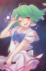  ahoge blue_bow blush bow collarbone commentary_request female green_hair haiyun highres holding holding_microphone long_hair macross macross_frontier microphone one_eye_closed ranka_lee red_eyes saint_mary&#039;s_academy_school_uniform school_uniform shirt short_hair short_sleeves skirt smile solo twintails white_shirt white_skirt 